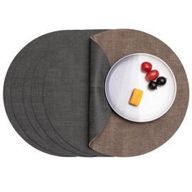 Myir JUN Round Placemats Dual Sided, Faux Leather Place Mats Set of 6 Indoor Placemats for Dining Table Outdoor Placemats Non-Slip Washable Table Mats (Gray Brown, Set of 6)
