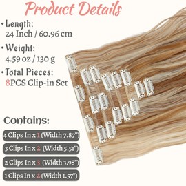 Fanguilar Clip in Hair Extensions 24 Inch 8PCS Ginger Brown Mix Bleach Blonde Long Wavy Synthetic Hair Extensions Clip ins Thick Double Weft Hair Clip Extensions for Women