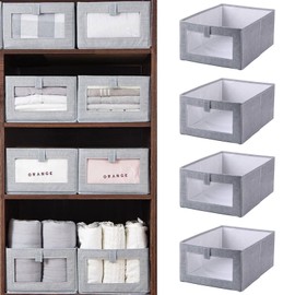 Typutomi 4 Pack Closet Storage Bins with Clear Window, Foldable Non-Woven Fabric Bins Closet Organizers and Storage Clothing Bins Large Storage Basket for Organizing Clothing,Jeans,Toys,Books(Grey)