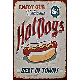 UNiQ Designs Metal Tin Signs - Hot Dogs Best In Town Food Sign - Hot Dog Decorations Metal Food Signs Hotdog Sign - Vintage Poster Food Tin Food Signs - Hot Dog Tin Signs Vintage Funny - Pub Sign 12x8