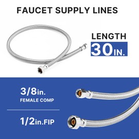 WMAXPFIT(2 Pack) 30 Inch Faucet Water Supply Line 3/8 Inch Female Comp. x 1/2 Inch FIP, Faucet Flexible Water Connector Hose, Stainless Steel Braided Water Supply Line (30 INCHES)