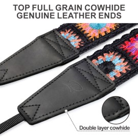 Padwa Lifestyle Colorful Crochet Camera Strap - 2" Full Grain Leather Ends Camera Straps for Photographers, Vintage Embroidered Cotton Soft Suede Fabric Padded Strap Quick Release fits All Cameras