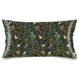 Silk Satin Pillowcase for Hair and Skin,Green Plant Long Pillow Cover King Size Pillowcases Envelope Closure,Black Green Botanical Leaf Pillow Covers Vintage Floral Cushion Covers for Women,20"x40"