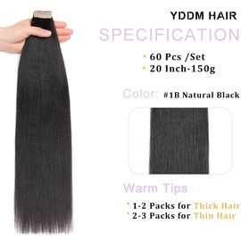 YDDM Yaki Straight Tape in Hair Extensions，Tape in Hair Extensions Human Hair Black Women，Tape in Hair Extensions Human Hair Yaki Straight Tape in Extensions 20inch 60Pcs 150g