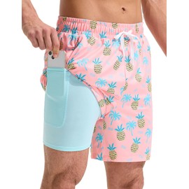 baleaf 5 inch Swim Shorts for Men with Compression Liner Quick Dry Mens Swim Trunks Bathing Suit Beach Shorts with Zippered Pockets Pink Pineapple XL