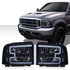 DOTCOM LED DRL Headlights Assembly, Compatible with 2005-2007 Ford F250 F350 F450 F550 Super Duty/2005 Excursion HeadLamps, Driver and Passenger Side, Smoky lens Black Housing Clear Reflector