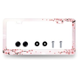 Cherry Blossom License Plate Frame Floral Pink Flowers License Plate Holder Stainless Steel Colorful Design Compatible with Standard License Plate for USA Canada 12.3" x 6.3" with 2 Screws
