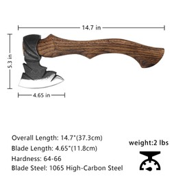 14.7" Hatchet, Camping Hatchet with 1065 Carbon Steel & Wooden Handle, Bushcraft Hatchet with Leather Sheath and Sharpener, Survival Hatchet for Wood Chopping, Cutting and Splitting