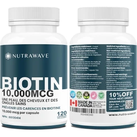 Nutrawave Extra Strength Biotin 10000mcg – Biotin for Hair Growth, Lush Hair, Glowing Skin & Strong Nails, Ideal for Women & Men, Non-GMO, Vegan, Gluten-Free. 120 Capsules