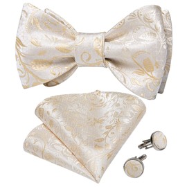 DiBanGu Beige Bow Tie Self Tied Silk Woven Paisley Mens Bowtie Pocket Square Cufflinks Gift Set