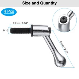 sourcing map 4pcs Clamping Lever Adjustable Handles M10 x 25mm Metric Male Thread Level Handle Threaded Stud Hand Knobs Locking Rotating Screw Handles Quick Release, Silver Tone