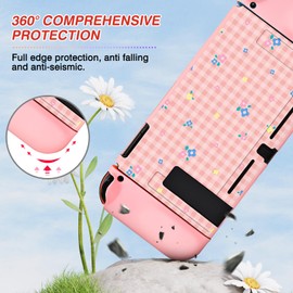 DLseego Grip Case Controller for Switch Console 2017, Floral Flowers Anti-Slip Shock-Absorption Protective Soft Case with 2 PCS Comfortable Thumb Grips Caps for Joycon Controllers - Pink