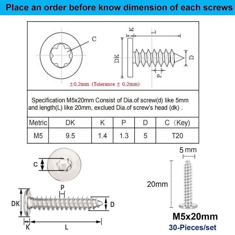FandWay M5 x 20 mm Torx Flat Head Sheet Metal
