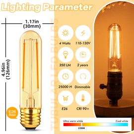 Grensk Dimmable E26 40 Watt Tubular Light Bulbs,4W T10 LED Light Bulbs,2200K Soft White Type T Tulb Flicker-Free for Chandelier Light or Industrial Wall Sconces,4.96 inches,350Lumens,2 Pack