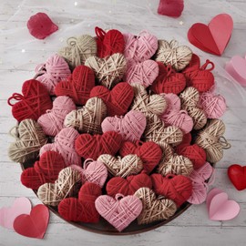 Vercraft 24 Pcs Heart Valentine Hanging Ornaments Knitted Heart Shaped Wall Baubles Valentine Gifts for Tree Craft Rustic Vintage Farmhouse Wedding Anniversary Decoration(Beige, Red, Pink)