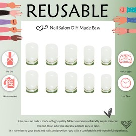 24 Pcs Green Press on Nails French Tip Medium Fake Nails Square Nails Glossy Glue on Nails White False Nails Swirl Designs Reusable Artificial Nails for Women and Girls