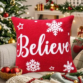 Embroidered christmas pillow covers，Christmas Pillow Covers 18x18 inch Christmas Decoration Red Believe Soft Plush Faux Fur Jacquard Throw Pillows for Bedroom Sofa Holiday Festivals Winter Home Decor