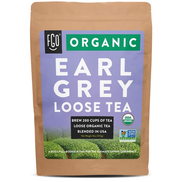 FGO Organic Earl Grey Loose Leaf Tea, Resealable Kraft Bag, 16oz/453g