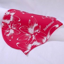 Jonhosoo Silicone Swim Cap for Women, Waterproof Long Hair Swimming Caps with Flower Printed (Red)