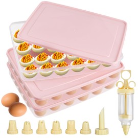 Boocalny 3PCS Deviled Egg Containers with Lid, Portable Storage Carrier Egg Holder with Deviled Egg Injector, Stackable Deviled Egg Tray Hold 72 Eggs, Plastic Egg Organizer for Fridge Easter Party