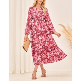 Long Dress for Women Floral Wedding Guest Dresses V Neck Flowy Tiered Maxi Dresses M