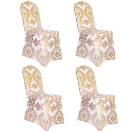Desirable Life Pack of 4 Dining Chair Covers Bronzing Gold Flower Print Removable Washable Spandex Stretch Decorative Chair Slipcovers Set for Party Wedding Home Decorations - Gold+White