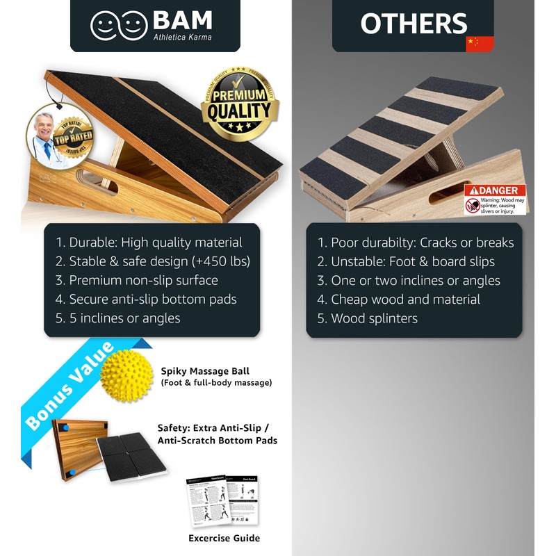 BAM Slant Boards for Exercise – Adjustable Wooden Calf Stretcher