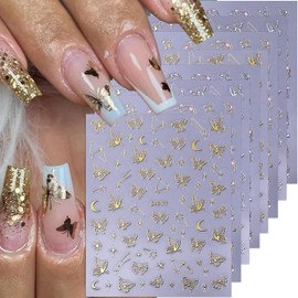 Butterfly Star Nail Stickers for Nail Art 8Sheets 3D Self-Adhesive Gold Silver Laser Butterfly and Star Nails Design Nails Art Stickers for Women and Girls Holiday Acrylic Nail Decoration
