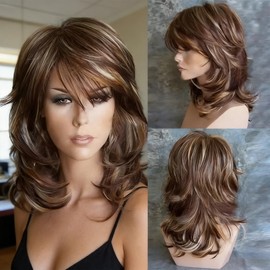 Brown Layered Wig with Side Bangs – Medium Length Natural Looking Synthetic Wig for Women, Soft Wavy Hair for Daily Wear, Party & Cosplay