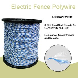 Electric Fence Poly Wire, 1312 Feet 400 Meters, 6 Stainless Strands with Good Rust Resistance and Conductive for Farm Fence, UV Resistant, Portable Livestock Fencing, Poly Wire Rope Line