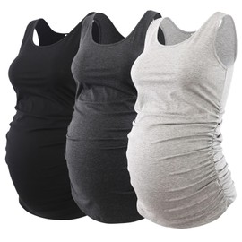Ecavus 3PCS Womens Layering Maternity Tank Top Pregnancy Shirt Scoop Neck Sleeveless Ruched Vest