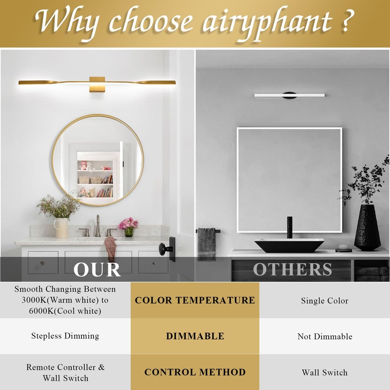 AIRYPHANT 48in Gold LED Vanity Light Harwired Wall Sconce, Long
