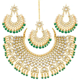 Aheli exquisita fiesta de bodas Wear Faux Kundan Pearl Collar de cuentas y aretes Set Joyería étnica india para mujeres