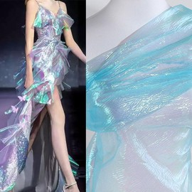 1.4mx1m Royal Blue Iridescent Organza Fabric, Pleated Organza Lace Fabric, Iridescent Holographic Gauze Material Cloth for DIY Crafts Sewing Decorations