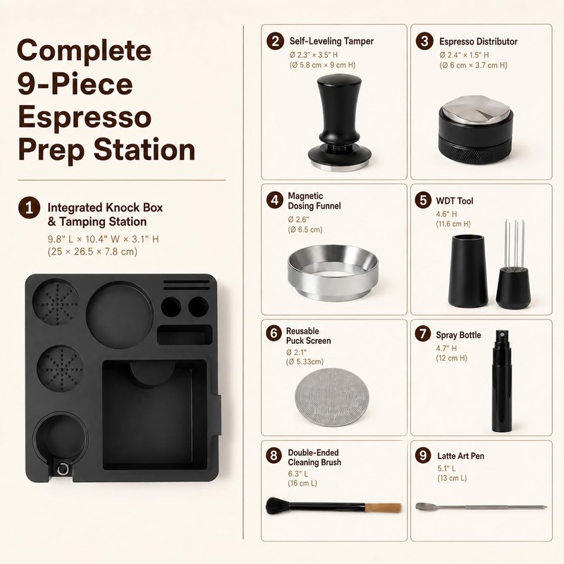 54mm Espresso Accessories Kit, 9-Piece Set with Knock Box &