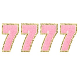 QUARKZMAN Pack of 4 Glitter Number Patches 8.4 cm / 3.3 Inches Chenille Embroidery Numbers Iron on for Team Uniforms, Sports T-Shirts, Hats, Bags (Pink, 7)