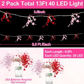 [Timer] 2 Pack Valentines Day Decorations Pink & Red Hearts Lights, Valentine Day Garland with Light Total 13Ft 40LED Beads Hearts String Light Battery Operated Valentines Day Lights for Home Bedroom