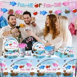 GREHUMOR Gone Fishing Gender Reveal Party Tableware 142Pcs Fish She or Fish He Gender Reveal Disposable Tablecloth,Plates,Napkins,Cups,Forks and Knives for Baby Shower Decoration of Gender Reveal