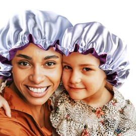 sent hair Mommy and Me Bonnet Set Satin Bonnet Sleep Cap, Adjustable Hair Bonnet for Women and Baby, Kids, Toddler (0-3 Years Old) Curly Hair Cap Double Layer (Purple/Blue)