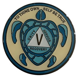 5 Year AA, Recovery Sea Turtle Medallion, Sobriety Token, Blue and Gold