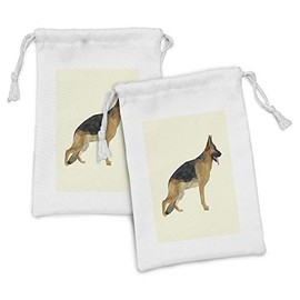Lunarable German Shepherd Fabric Pouch Set of 2, Alsatian Dog in Triangulation Technique Polygonal, Small Drawstring Bag for Toiletries Masks and Favors, 9" x 6", Pale Yellow Pale Brown