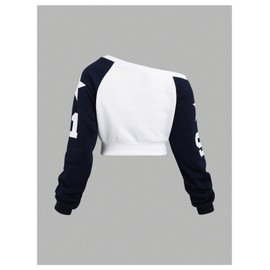 Verdusa Women's Graphic Off The Shoulder Jersey Sweatshirt Asymmetrical Neck Long Sleeve Crop Tops Blue Medium