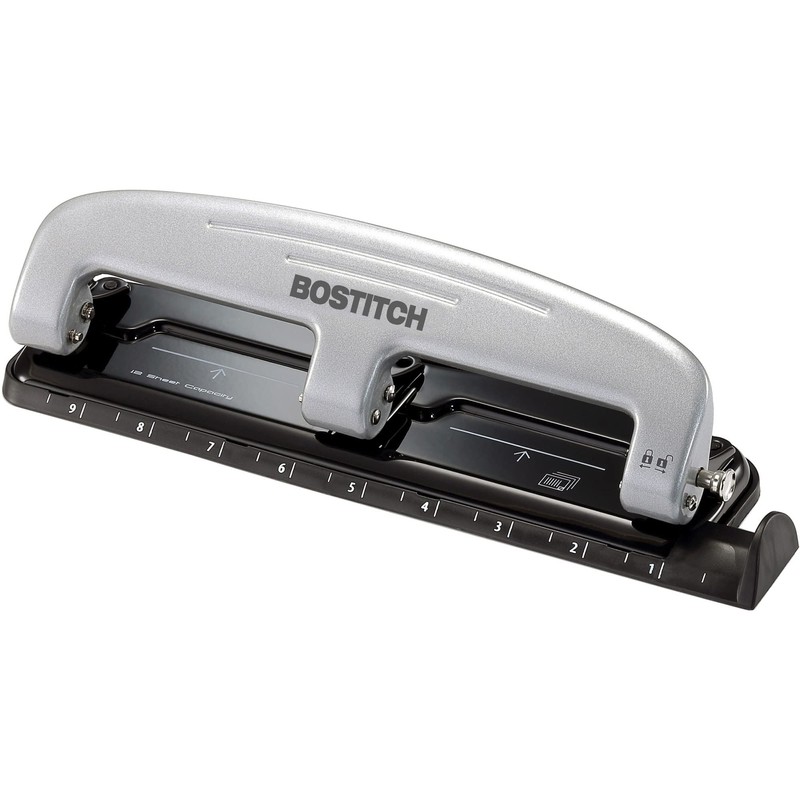 PaperPro Bostitch Office inPRESS 12 Reduced Effort Three-Hole Punch, Silver/Black