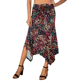 DJT Women's Ruched Elastic Waist Soft Flowy Handkerchief Hem Midi Swing Skirt M Paint Palette