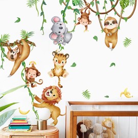 Purekay Wall Sticker Jungle Animals Vines Tiger Lions Monkeys Koalas Safari Leaves Wall Sticker Nursery Baby Room Bedroom Wall Decoration