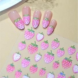 1 Sheets Pink Strawberry Nail Stickers for Nail Art 5D Embossed Fruit Nail Decals Self-Adhesive Summer Nail Decoration Holographic Laser Cute Strawberry Nail Art Stickers for Women Nails Designs