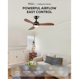 VONLUCE Ceiling Fans with Lights, 42 Inch Ceiling Fan and Remote, 6-Speeds Noiseless Reversible DC Motor, 3CCT, Wood Ceiling Fan for Outdoor Indoor Farmhouse Patios, Black