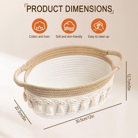 Braided Baskets - 9.5 Inch Oval Tassels Cotton Rope Woven Storage Basket, Boho Decoration for Remote Controls, Keys, Makeup and Toys for Office, Bedroom and Bathroom (White)