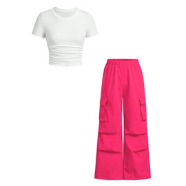 Azmxynol Teen Girls Clothes Rib Knit Ruched Short SleeveTop + Cargo Casual Pants 2 Pieces Outfit Set Tween Girls Fall Winter Fashion Clothing(15-16T)