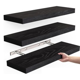 Liu Ying Floating Shelf for Wall - Eco-Friendly Decorative Wooden Wall Mounting Rack, 16 Inches for Bathroom Bookshelf, Kitchen Shelf, and Small Space Bookshelf (Set of 1 in Brown/White/Black) (black)